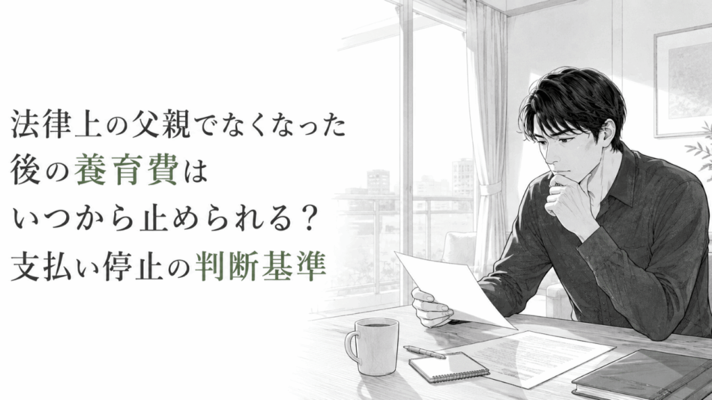 法律上の父子関係解消後の養育費停止について、書類を手に室内で慎重に考える男性のモノクロ漫画イラスト