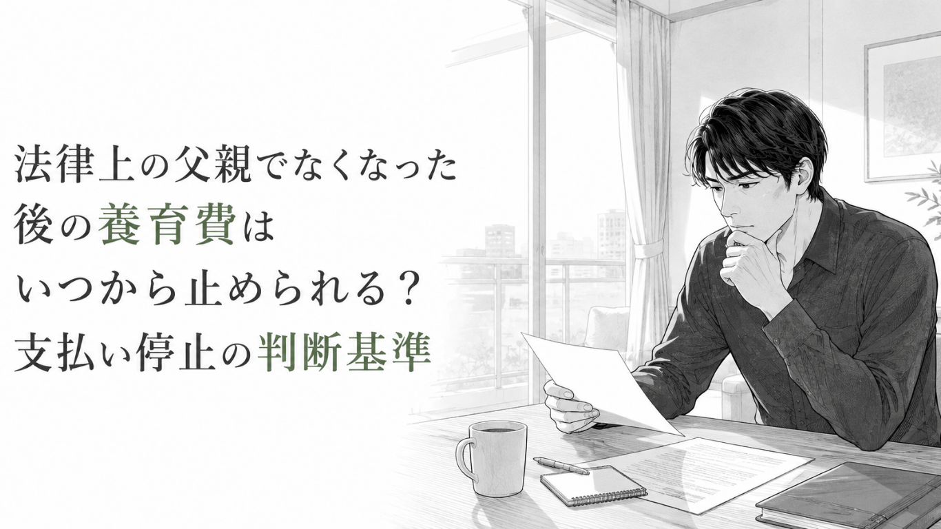 法律上の父子関係解消後の養育費停止について、書類を手に室内で慎重に考える男性のモノクロ漫画イラスト