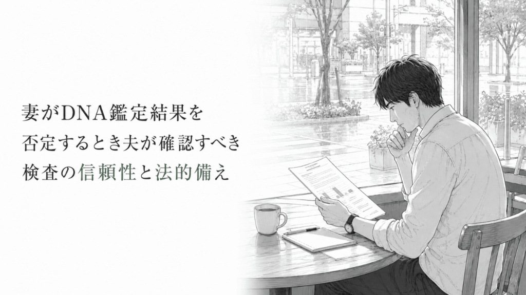 雨の日のカフェでDNA鑑定書を見つめ、検査の信頼性と今後の法的対応を静かに考える男性