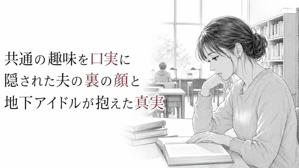 図書館の窓辺で本を開き、うつむきながら静かに思いを巡らせる女性を描いたモノクロ線画。