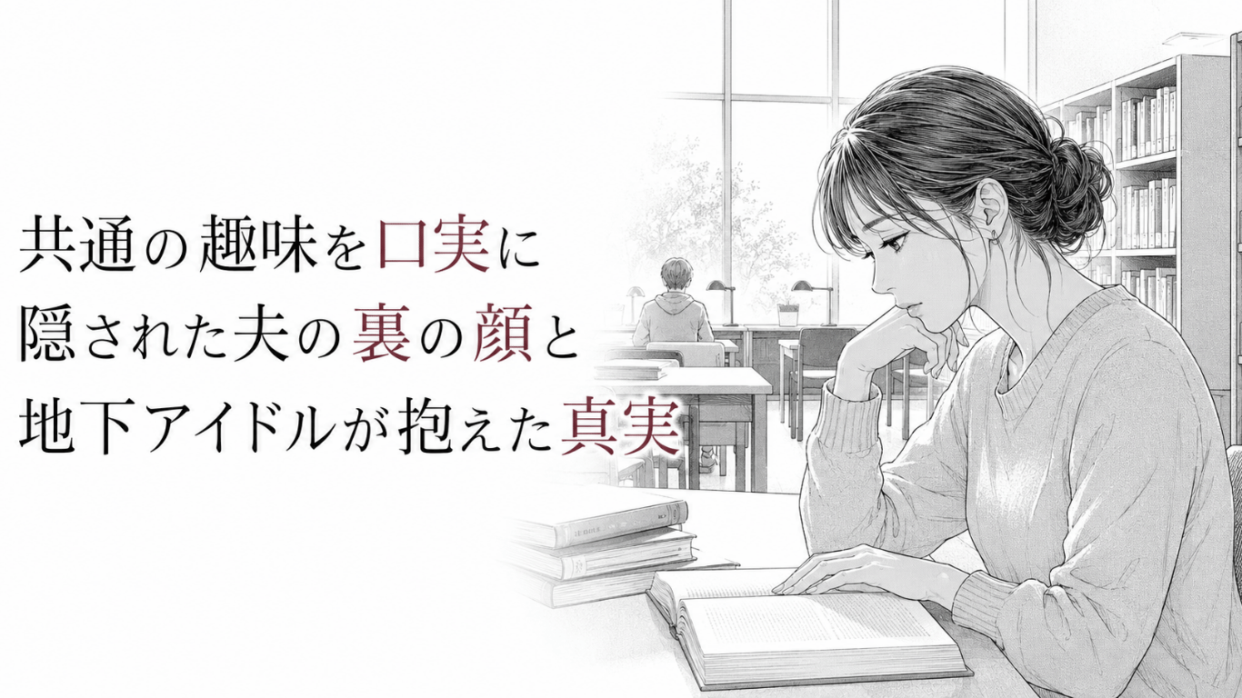 図書館の窓辺で本を開き、うつむきながら静かに思いを巡らせる女性を描いたモノクロ線画。