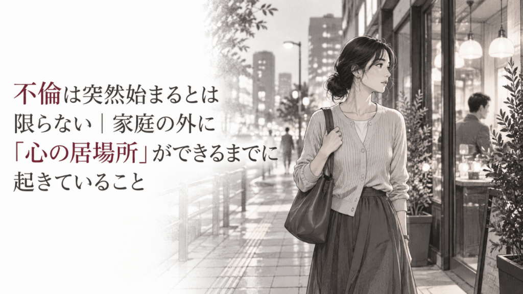 家庭の外に心の居場所を求め始めた女性が、夜の街で立ち止まり複雑な表情を見せるモノクロイラスト