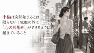 家庭の外に心の居場所を求め始めた女性が、夜の街で立ち止まり複雑な表情を見せるモノクロイラスト