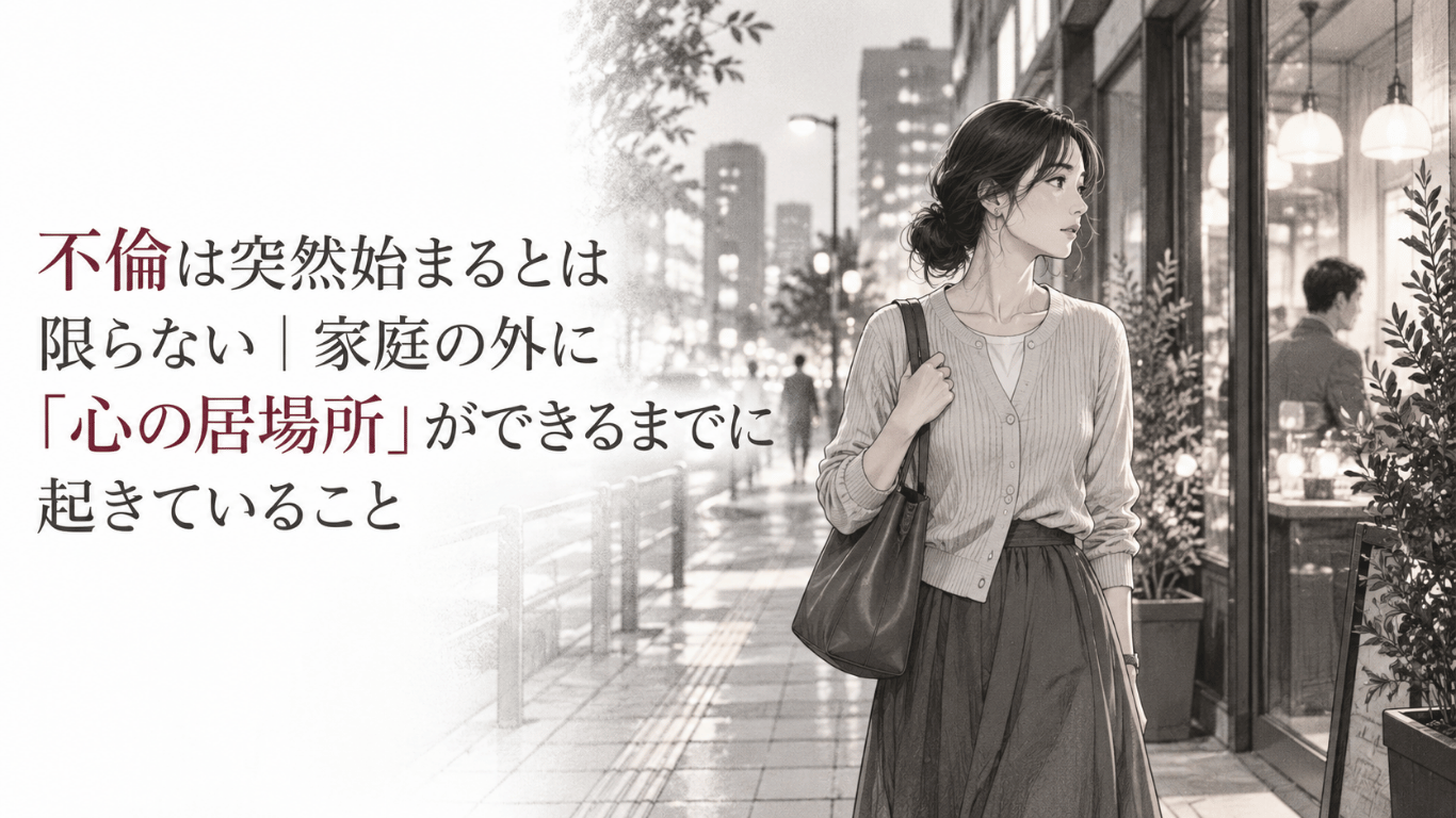 家庭の外に心の居場所を求め始めた女性が、夜の街で立ち止まり複雑な表情を見せるモノクロイラスト