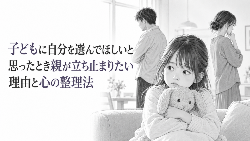 両親の間でぬいぐるみを抱える子どもが、親を選ぶ重圧と揺れる気持ちを静かに表すモノクロイラスト