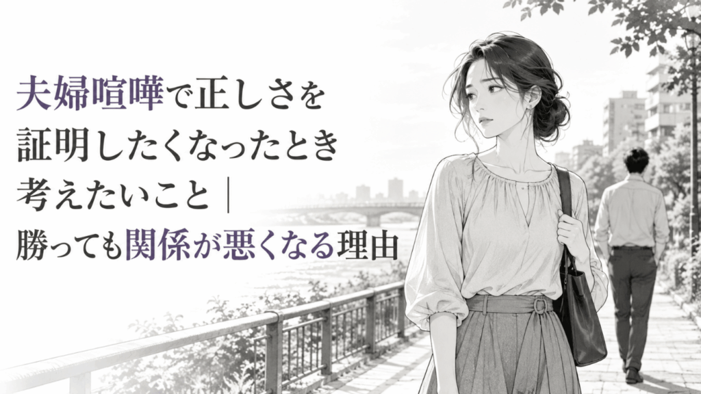 夫婦喧嘩のあと、川沿いの遊歩道で距離を置いて歩く夫婦を描いたモノクロイラスト。