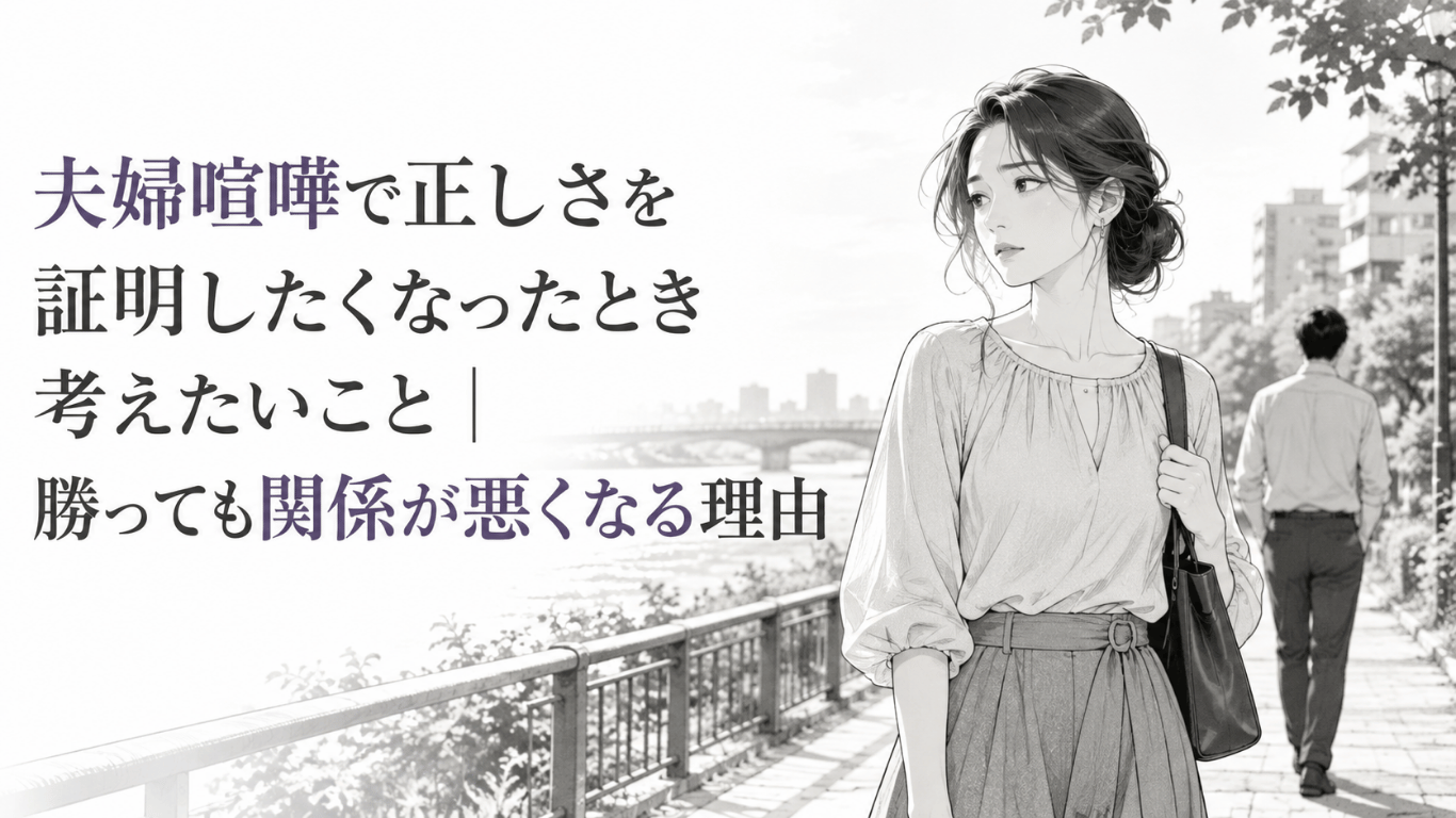 夫婦喧嘩のあと、川沿いの遊歩道で距離を置いて歩く夫婦を描いたモノクロイラスト。