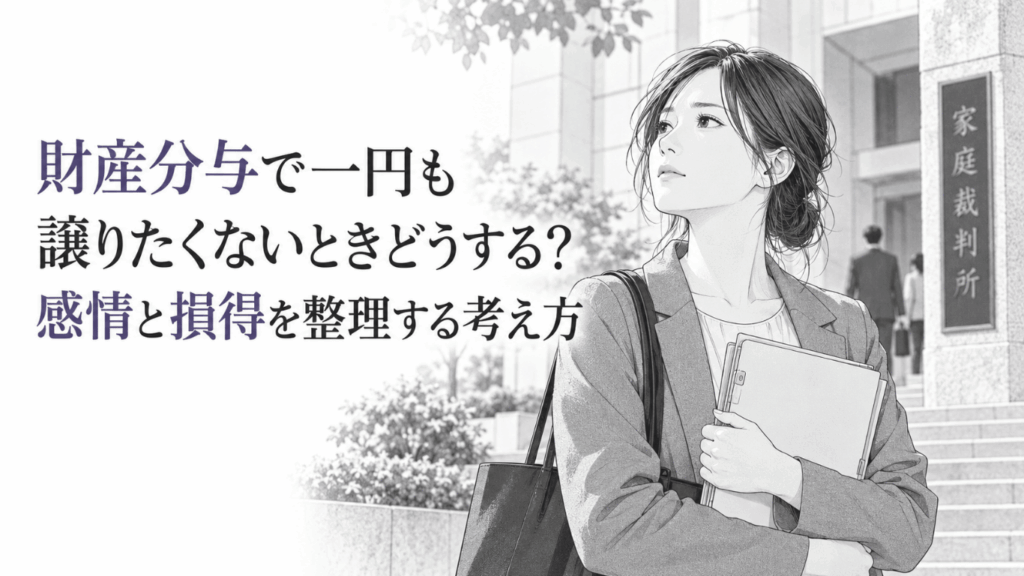 家庭裁判所の前で書類を抱え、財産分与の損得と今後の生活を静かに考える女性