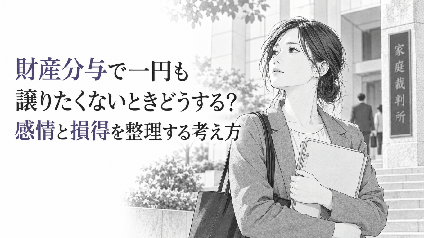 家庭裁判所の前で書類を抱え、財産分与の損得と今後の生活を静かに考える女性