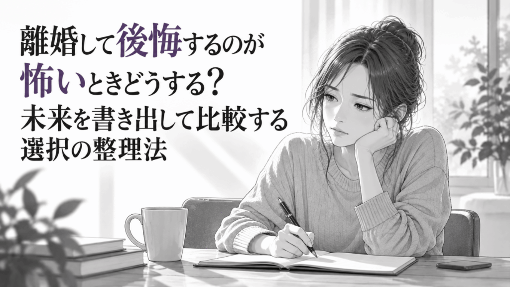 離婚後の後悔を不安に感じながら、ノートに未来を書き出して選択肢を整理する女性の姿