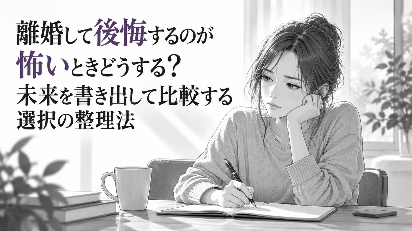 離婚後の後悔を不安に感じながら、ノートに未来を書き出して選択肢を整理する女性の姿