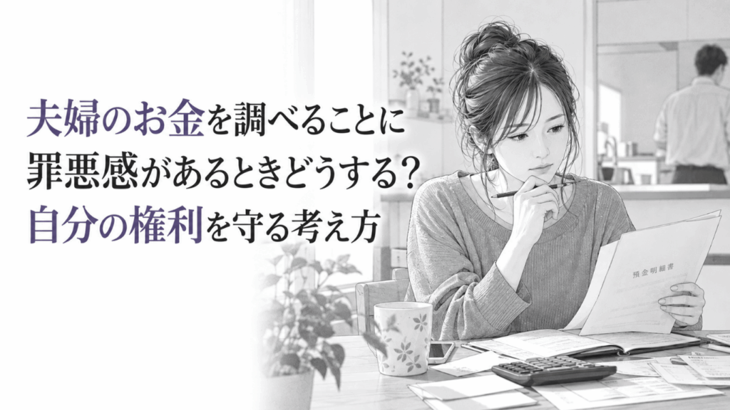 夫婦の財産を確認することへの罪悪感を抱えながら、預金明細を手に自分の権利について考える女性