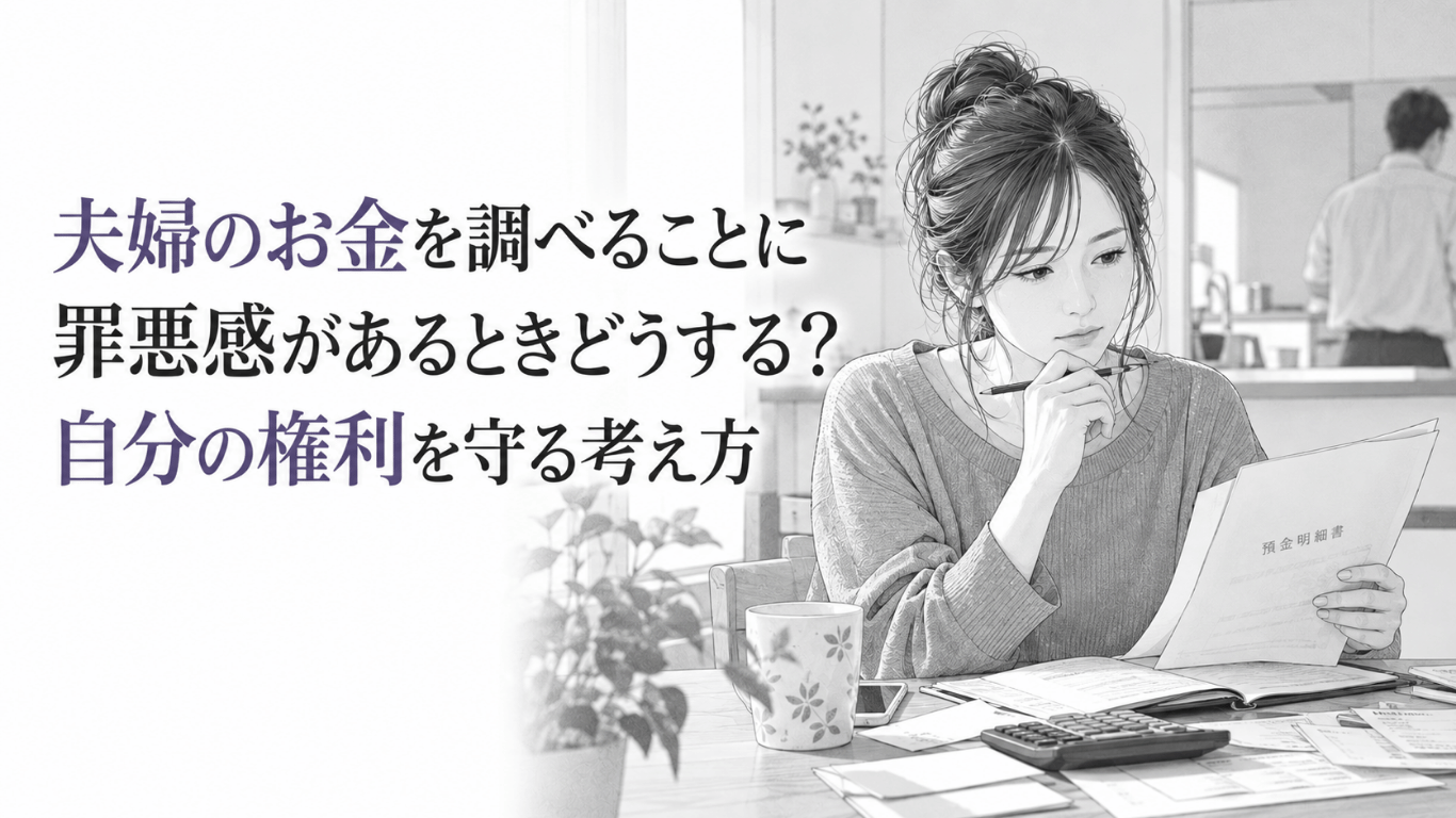 夫婦の財産を確認することへの罪悪感を抱えながら、預金明細を手に自分の権利について考える女性