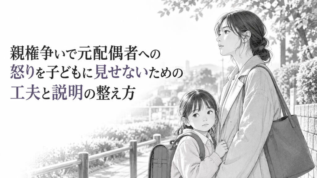 通学路で母親のそばに寄り添う子どもと、怒りを抑えながら静かに気持ちを整える母親のモノクロイラスト