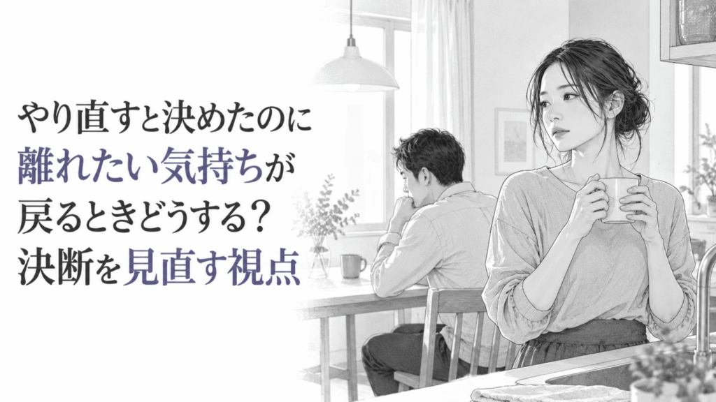 自宅のキッチンでカップを手に立つ女性と、離れて座る男性が今後の夫婦関係に迷う静かな場面
