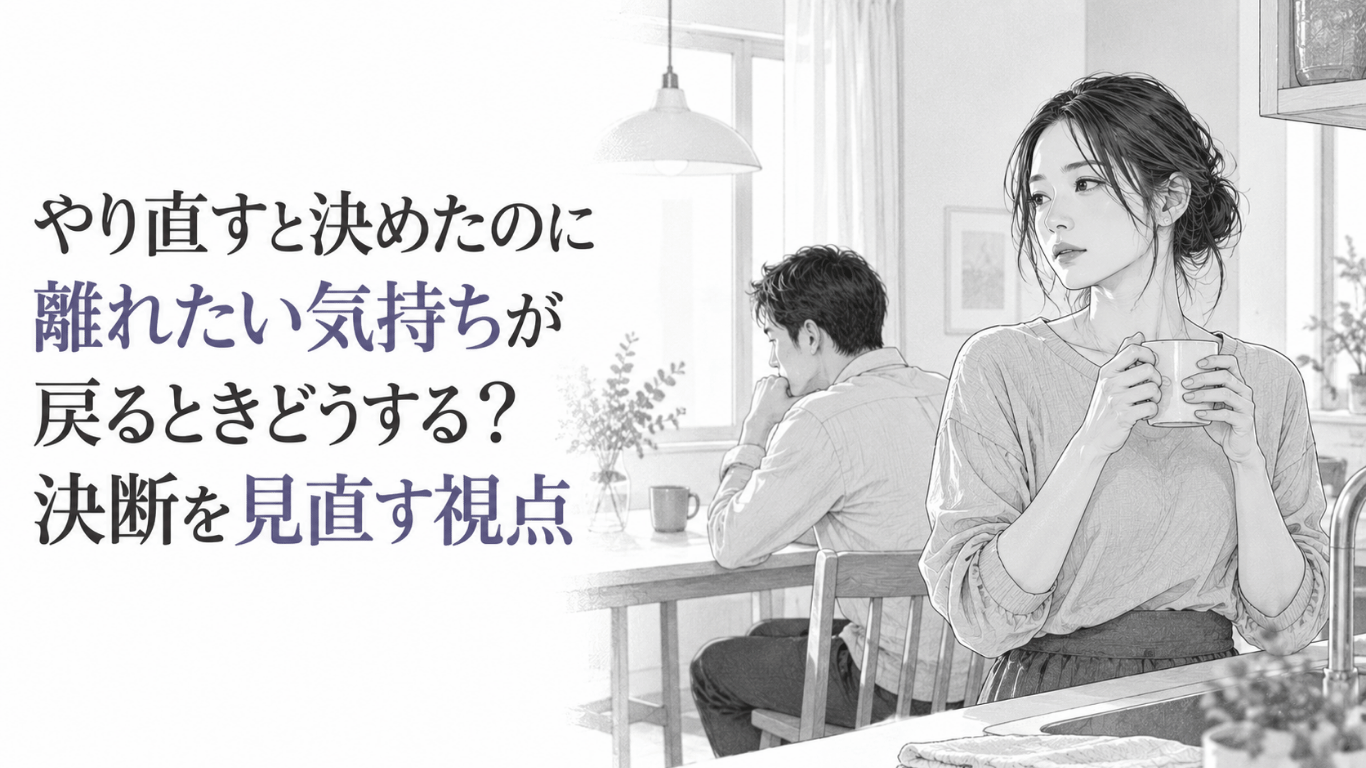 自宅のキッチンでカップを手に立つ女性と、離れて座る男性が今後の夫婦関係に迷う静かな場面