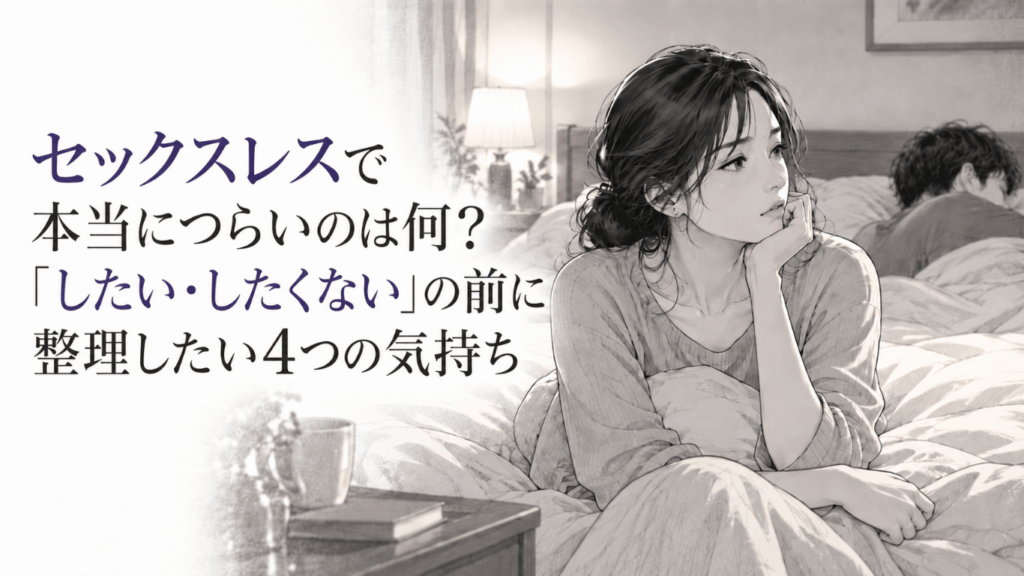 セックスレスに悩み、寝室で背を向ける夫との距離を感じながら一人考え込む女性のモノクロイラスト