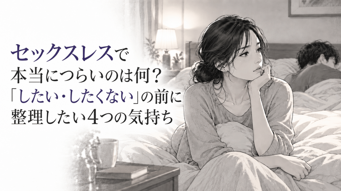 セックスレスに悩み、寝室で背を向ける夫との距離を感じながら一人考え込む女性のモノクロイラスト