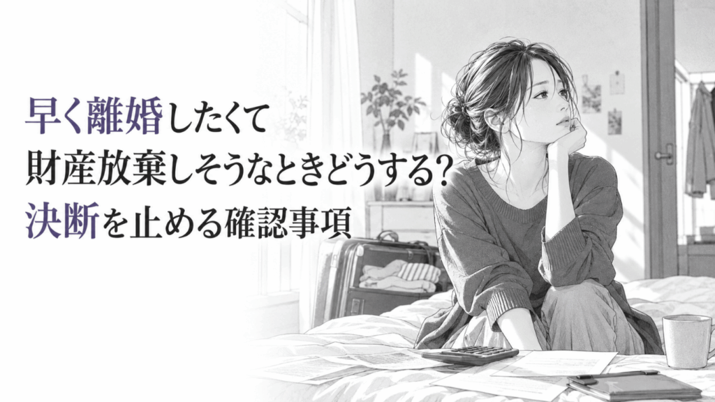 離婚を急ぐ中で財産放棄を迷い、書類を前に今後の生活と決断について考える女性