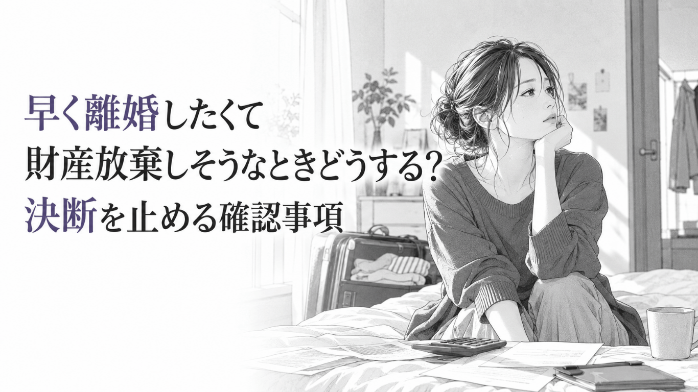 離婚を急ぐ中で財産放棄を迷い、書類を前に今後の生活と決断について考える女性