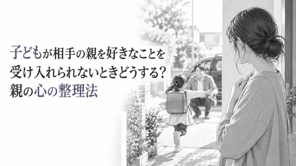 玄関先から、外で父親へ駆け寄る子どもを複雑な表情で静かに見守る母親のモノクロイラスト