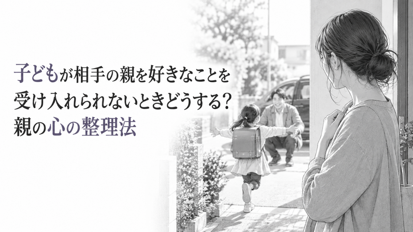 玄関先から、外で父親へ駆け寄る子どもを複雑な表情で静かに見守る母親のモノクロイラスト