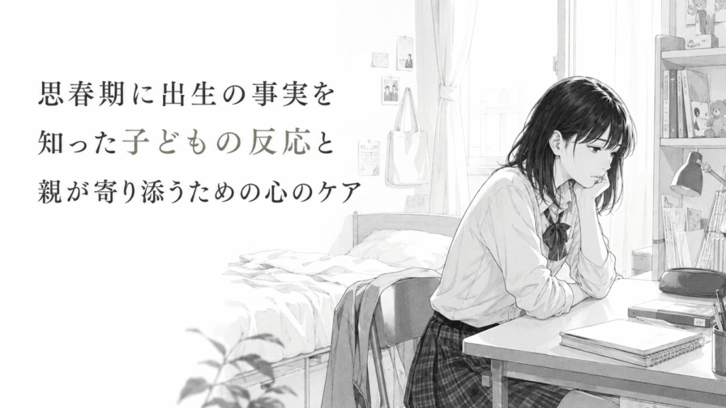 自室の机に座り、出生の事実を知って戸惑いながら静かに考え込む思春期の少女。