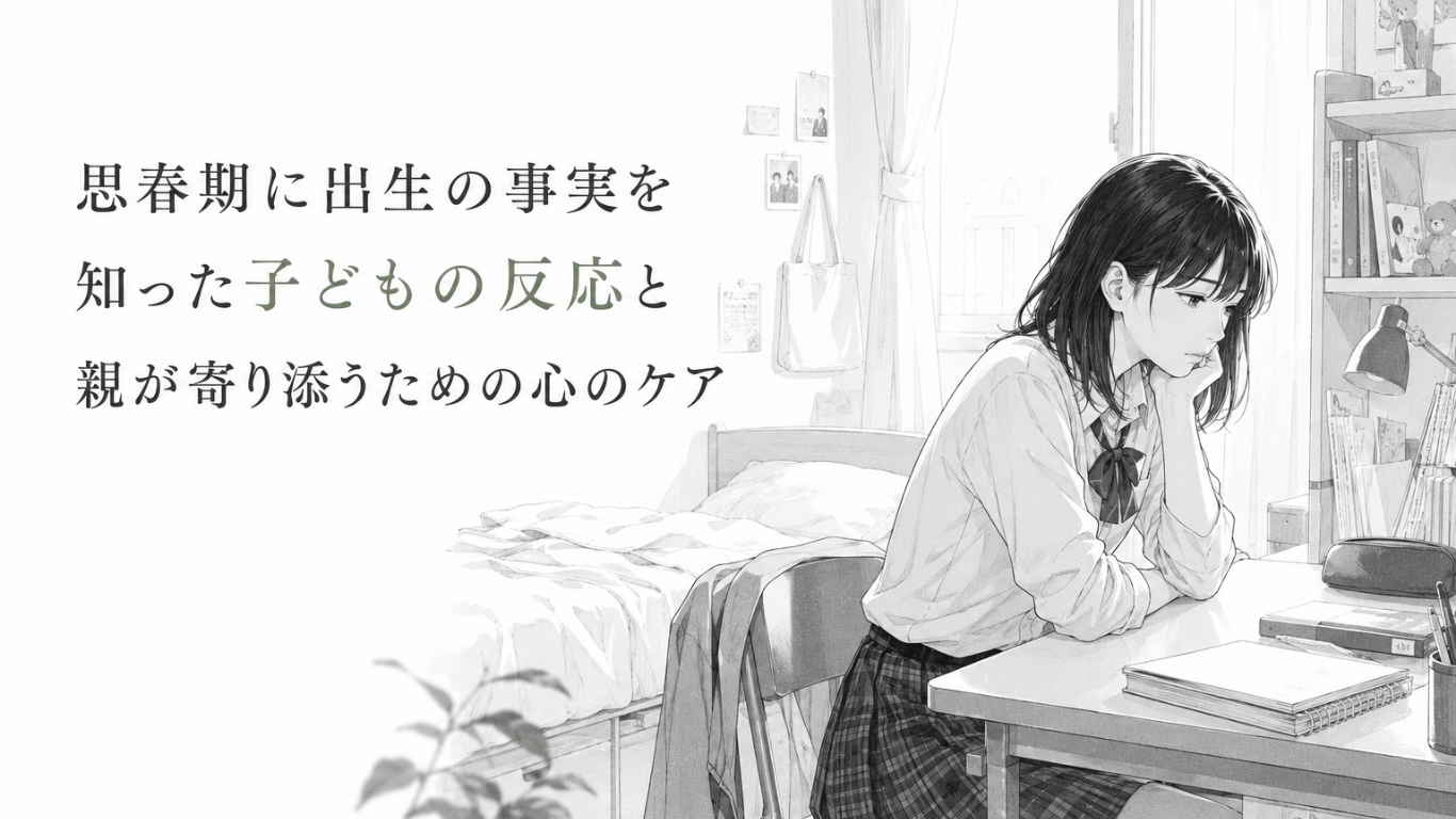 自室の机に座り、出生の事実を知って戸惑いながら静かに考え込む思春期の少女。