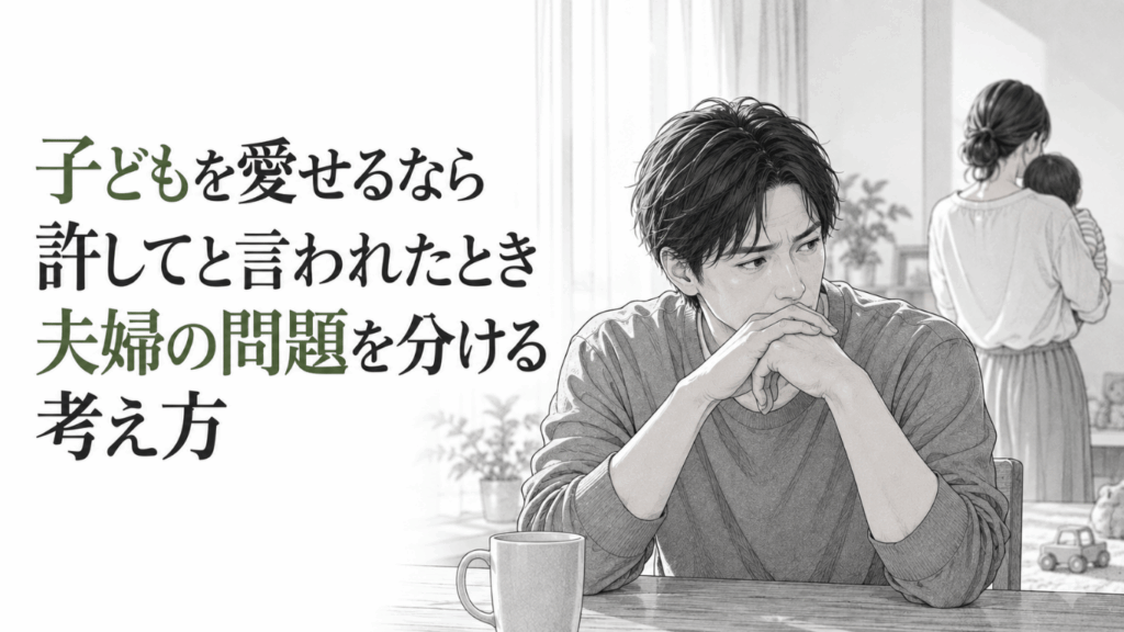子どもを抱く妻を背に、夫婦の問題と子どもへの愛情を切り分けようと葛藤する男性の姿。