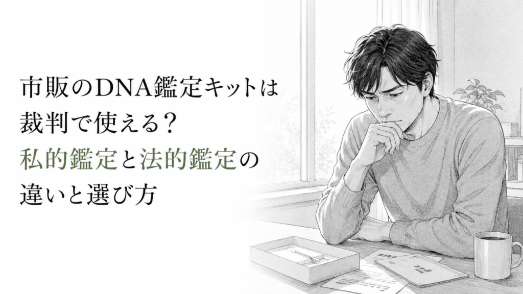 自宅の机でDNA鑑定キットと書類を前に、法的な扱いについて静かに考え込む男性のモノクロ線画。