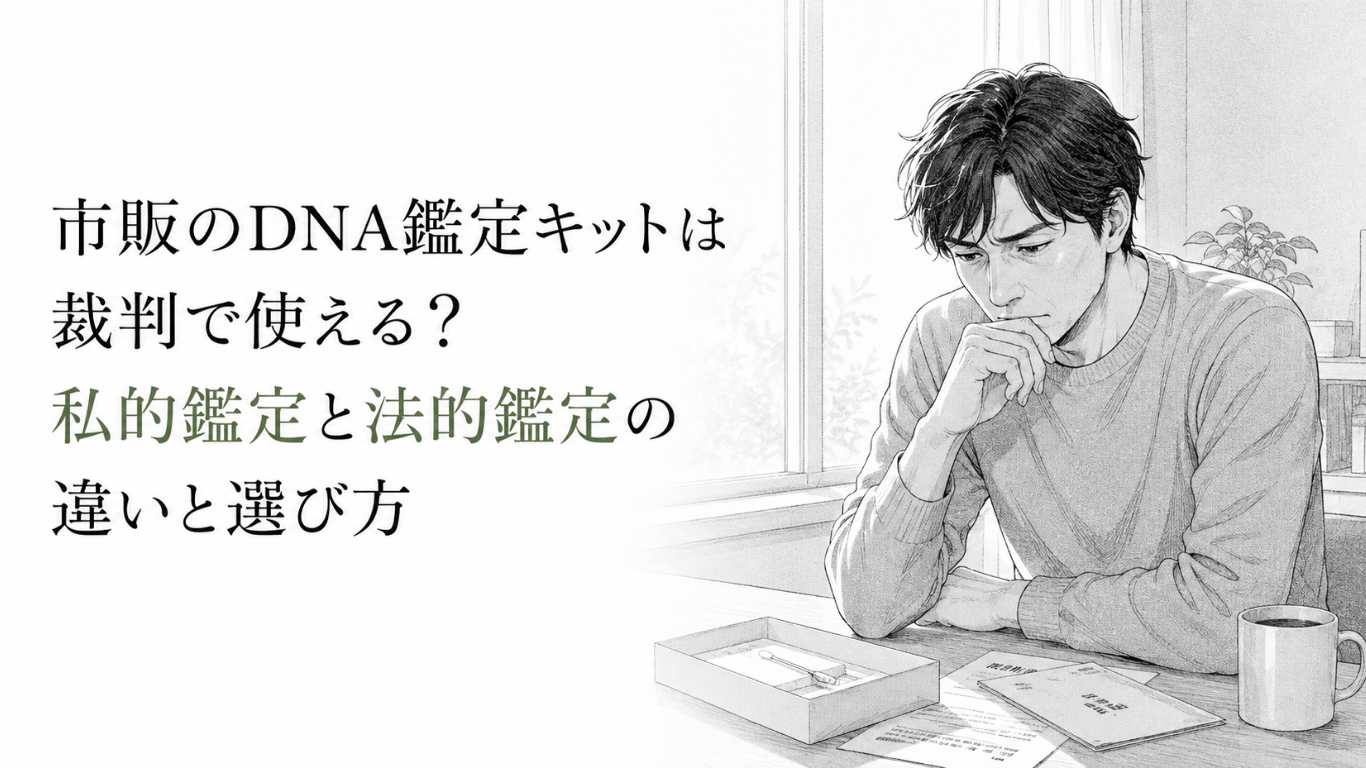 自宅の机でDNA鑑定キットと書類を前に、法的な扱いについて静かに考え込む男性のモノクロ線画。