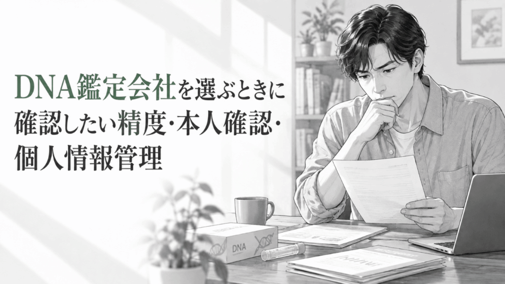 DNA鑑定の資料や検査キットを机に広げ、精度や本人確認、個人情報管理を慎重に確認する男性の線画