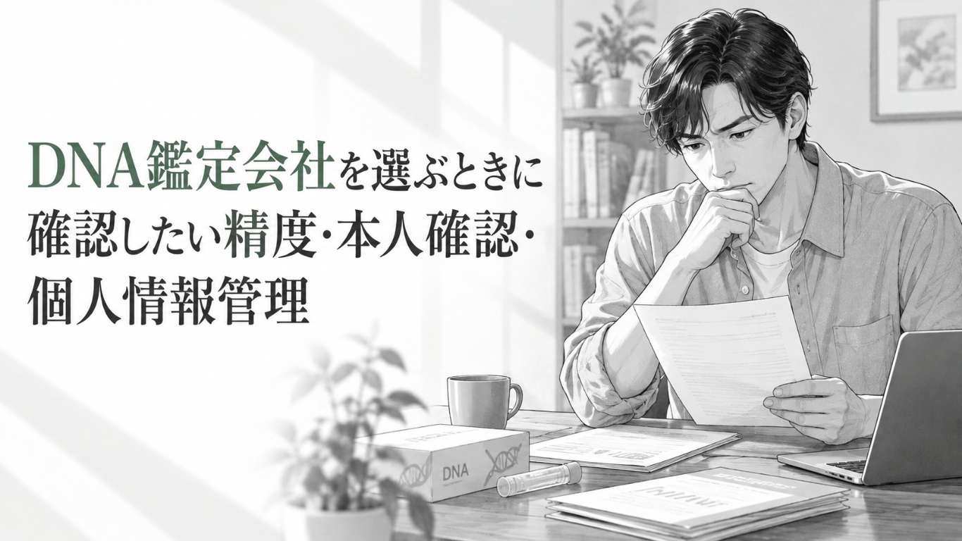DNA鑑定の資料や検査キットを机に広げ、精度や本人確認、個人情報管理を慎重に確認する男性の線画