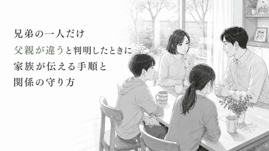 食卓を囲み、父親が違う事実について慎重に話し合う両親と兄弟の家族の様子。
