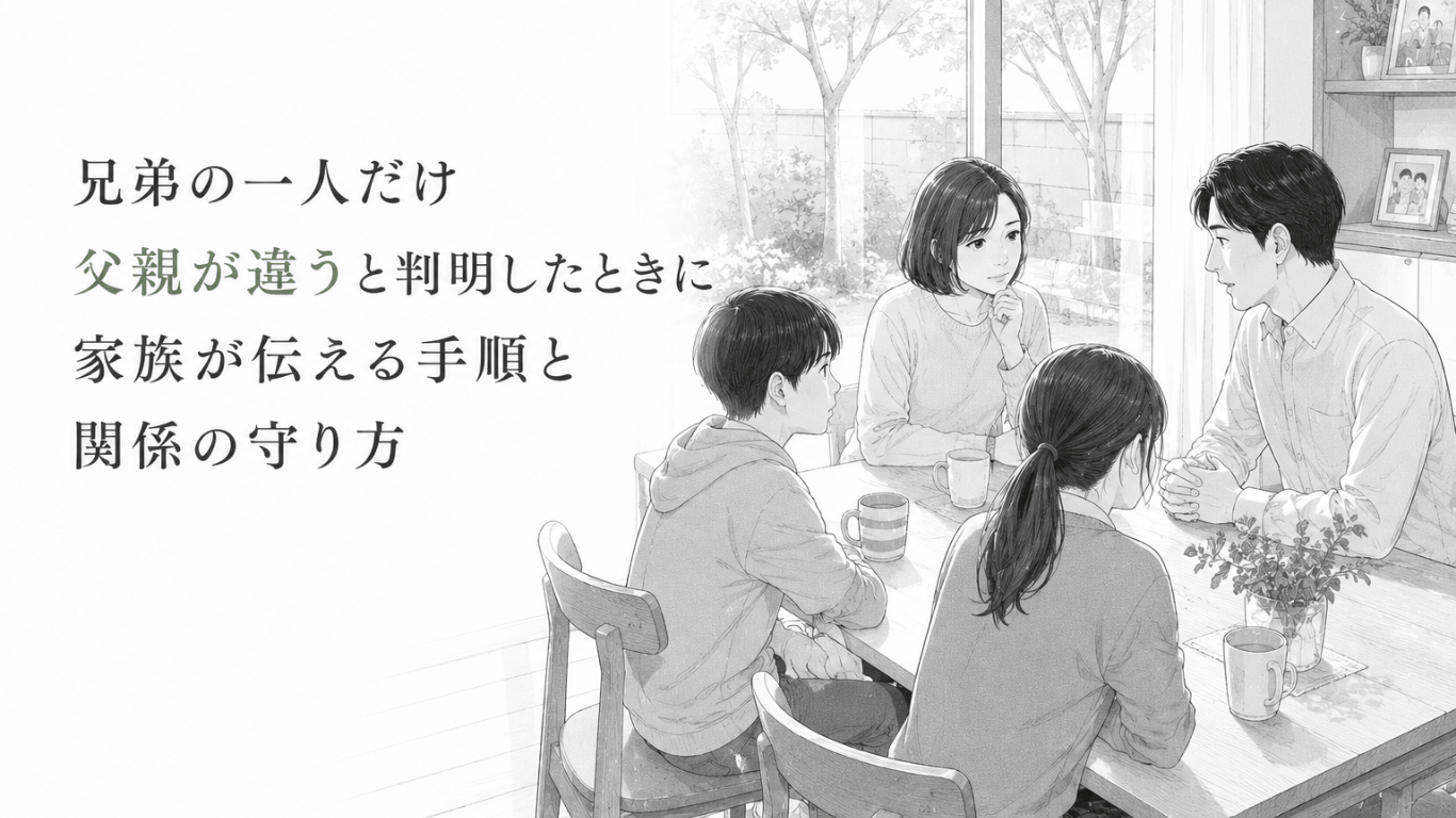 食卓を囲み、父親が違う事実について慎重に話し合う両親と兄弟の家族の様子。