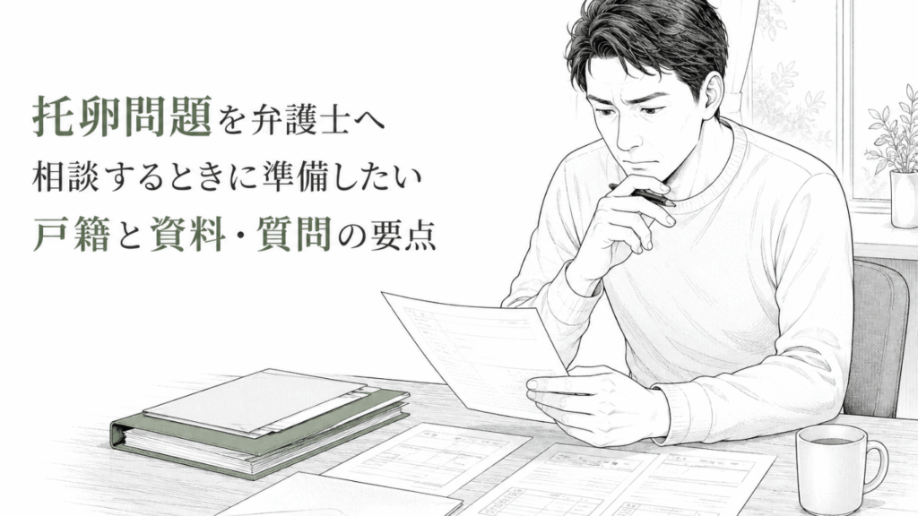 戸籍や資料を机に広げ、弁護士相談に向けて内容を確認する男性の静かな緊張を描いた線画