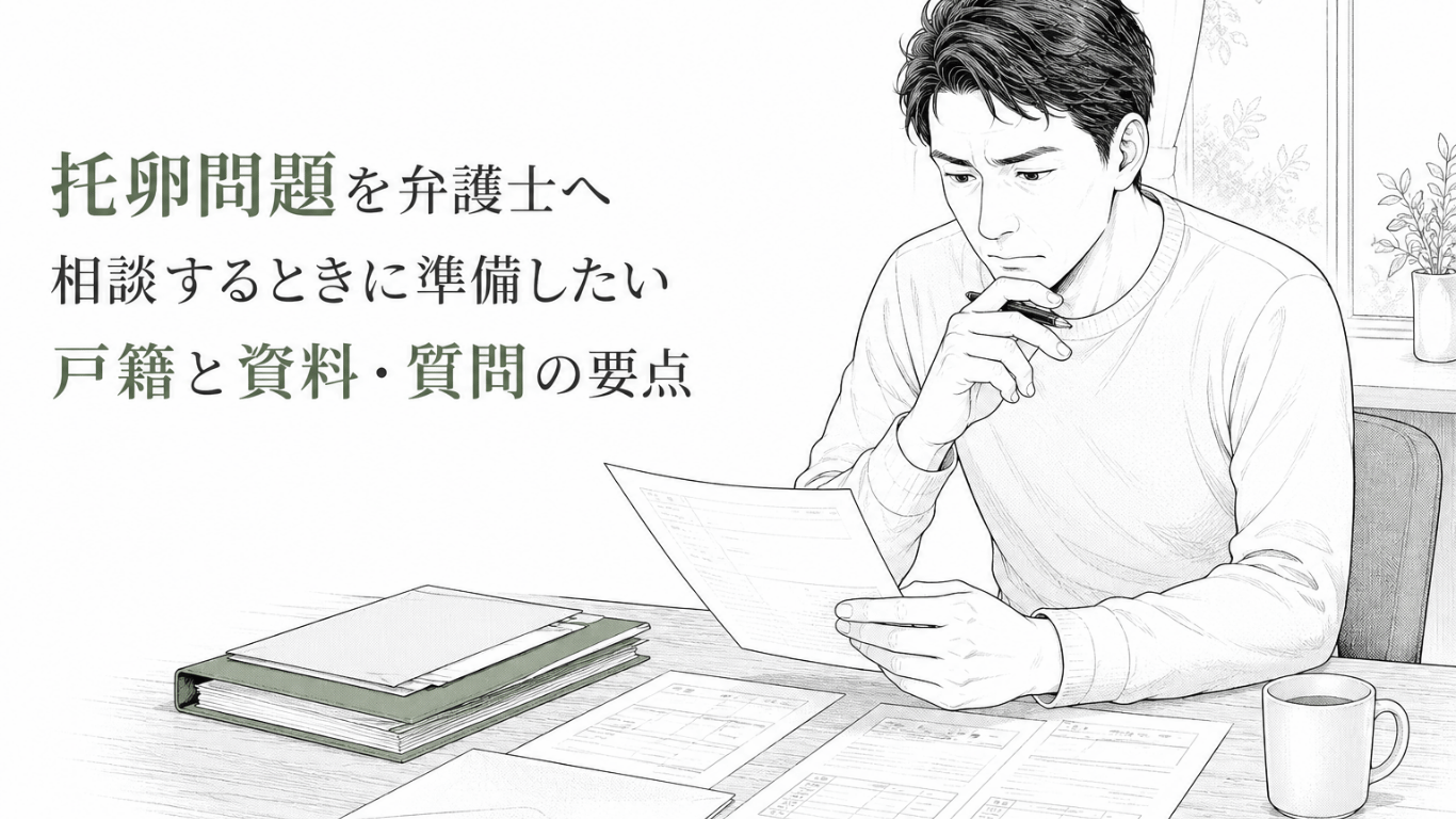 戸籍や資料を机に広げ、弁護士相談に向けて内容を確認する男性の静かな緊張を描いた線画