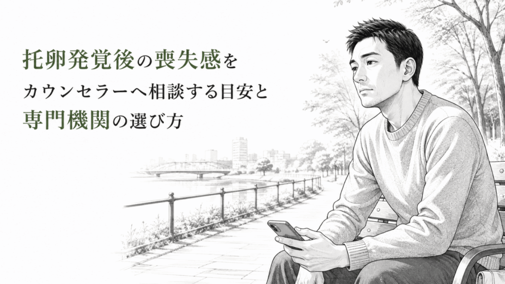 川沿いのベンチでスマートフォンを手に、喪失感を抱えながら静かに考え込む男性の姿。