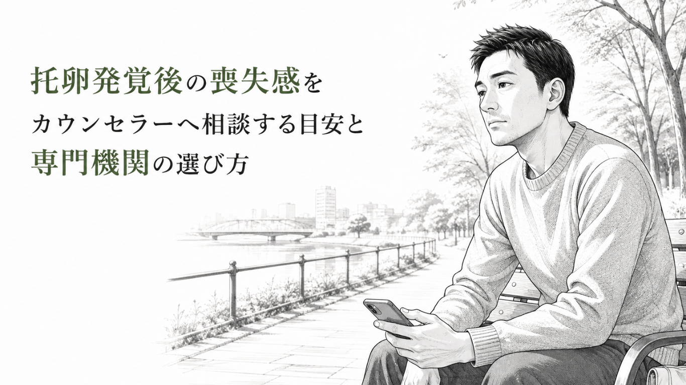 川沿いのベンチでスマートフォンを手に、喪失感を抱えながら静かに考え込む男性の姿。