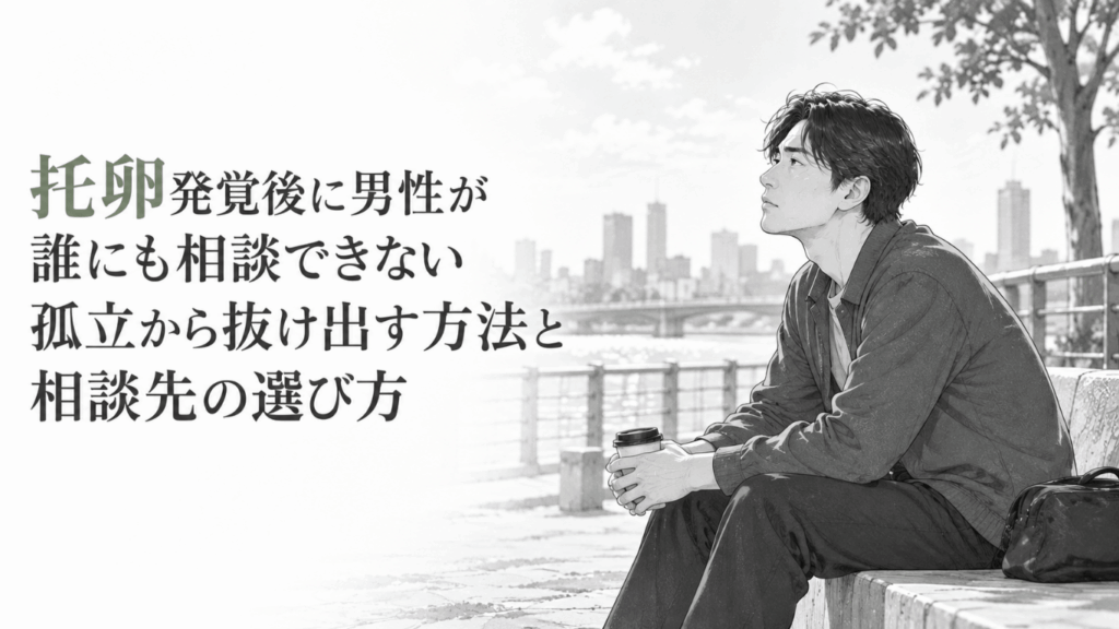川辺のベンチで飲み物を手に、一人で空を見上げながら相談する決意を探す男性の姿。