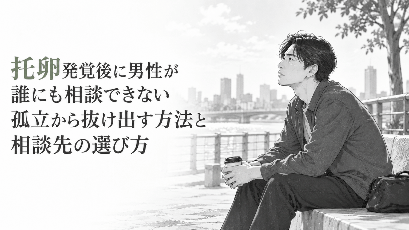 川辺のベンチで飲み物を手に、一人で空を見上げながら相談する決意を探す男性の姿。