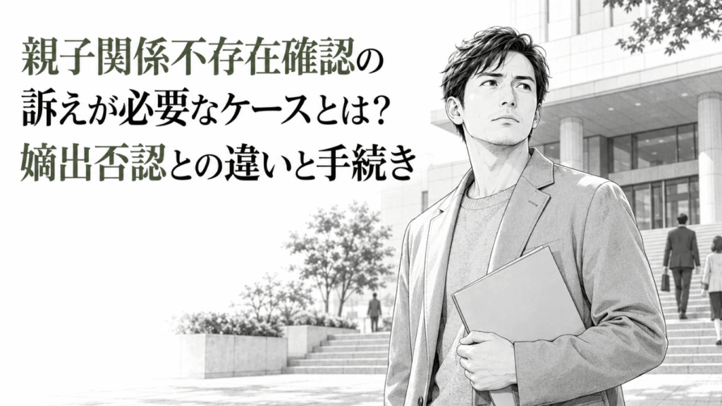 家庭裁判所の前で書類を抱え、親子関係不存在確認の手続きを考える男性の姿