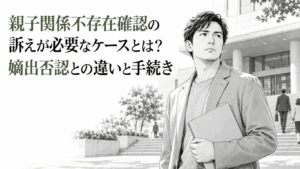 家庭裁判所の前で書類を抱え、親子関係不存在確認の手続きを考える男性の姿
