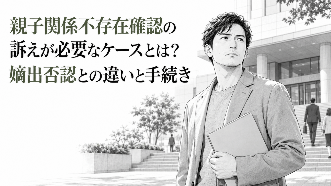 家庭裁判所の前で書類を抱え、親子関係不存在確認の手続きを考える男性の姿
