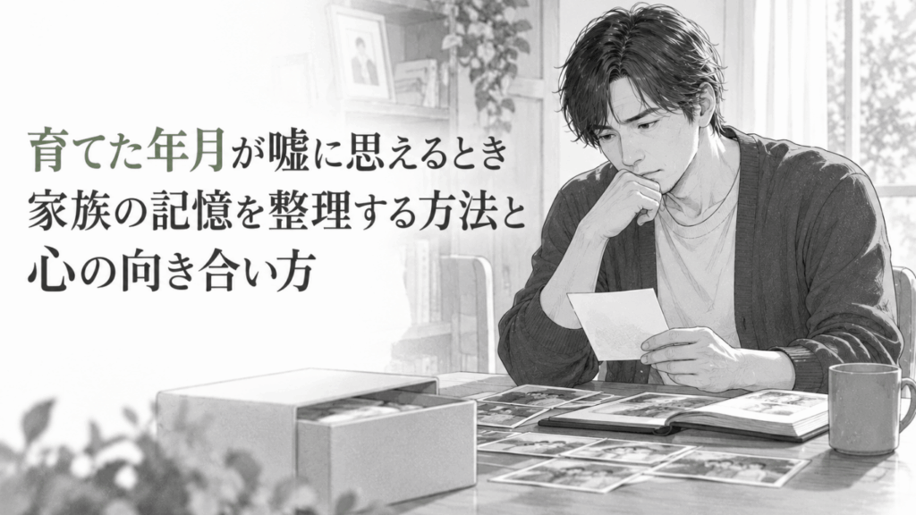 家族写真やアルバムを前に、育ててきた年月を振り返りながら静かに思い悩む男性の姿。