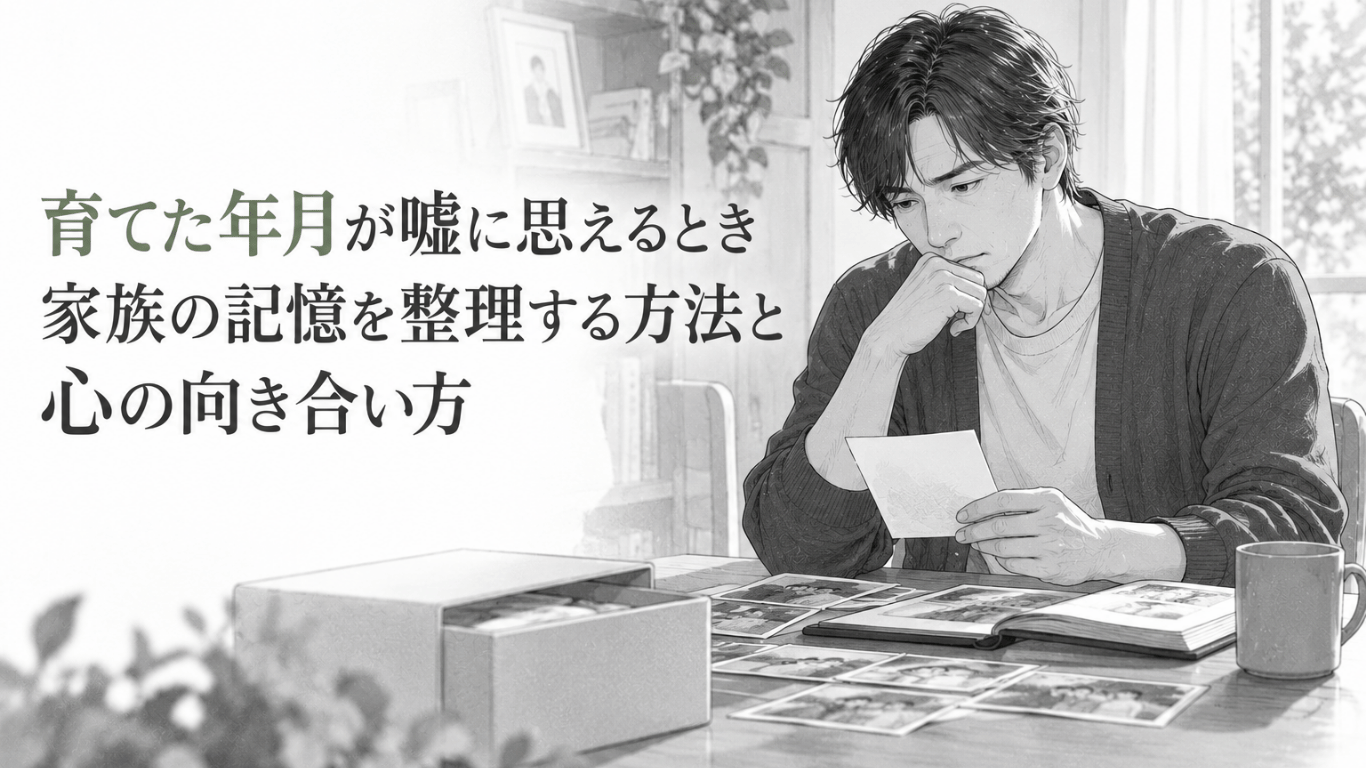 家族写真やアルバムを前に、育ててきた年月を振り返りながら静かに思い悩む男性の姿。