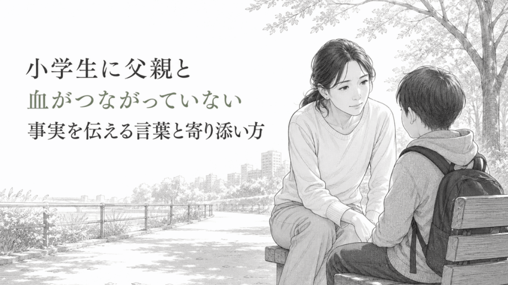川沿いのベンチで、小学生の子どもに寄り添いながら静かに語りかける母親の様子。