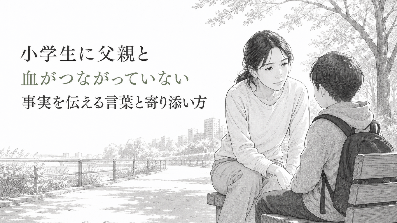 川沿いのベンチで、小学生の子どもに寄り添いながら静かに語りかける母親の様子。