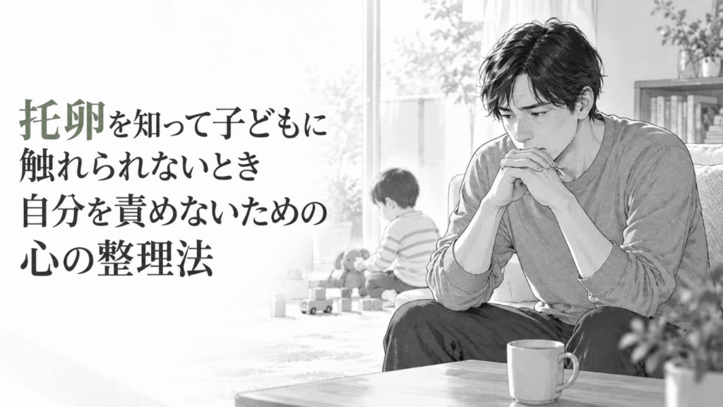 明るい室内で子どもと距離を置き、手を組みながら苦しげに考え込む父親の姿。