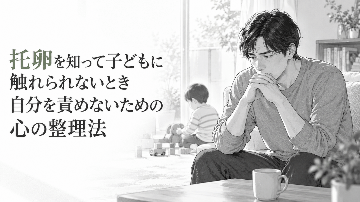 明るい室内で子どもと距離を置き、手を組みながら苦しげに考え込む父親の姿。